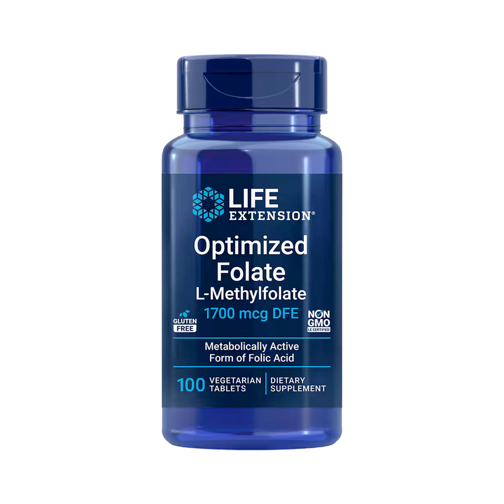 Life Extension Optimized Folate tillskottsflaska med 100 tabletter, blå etikett
