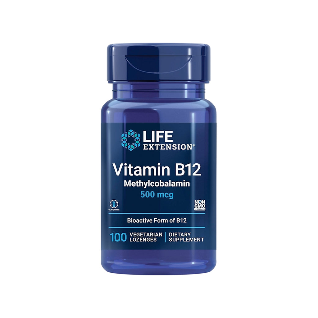 Vitamin B12-tillskott i blå plastflaska med lock och etikett