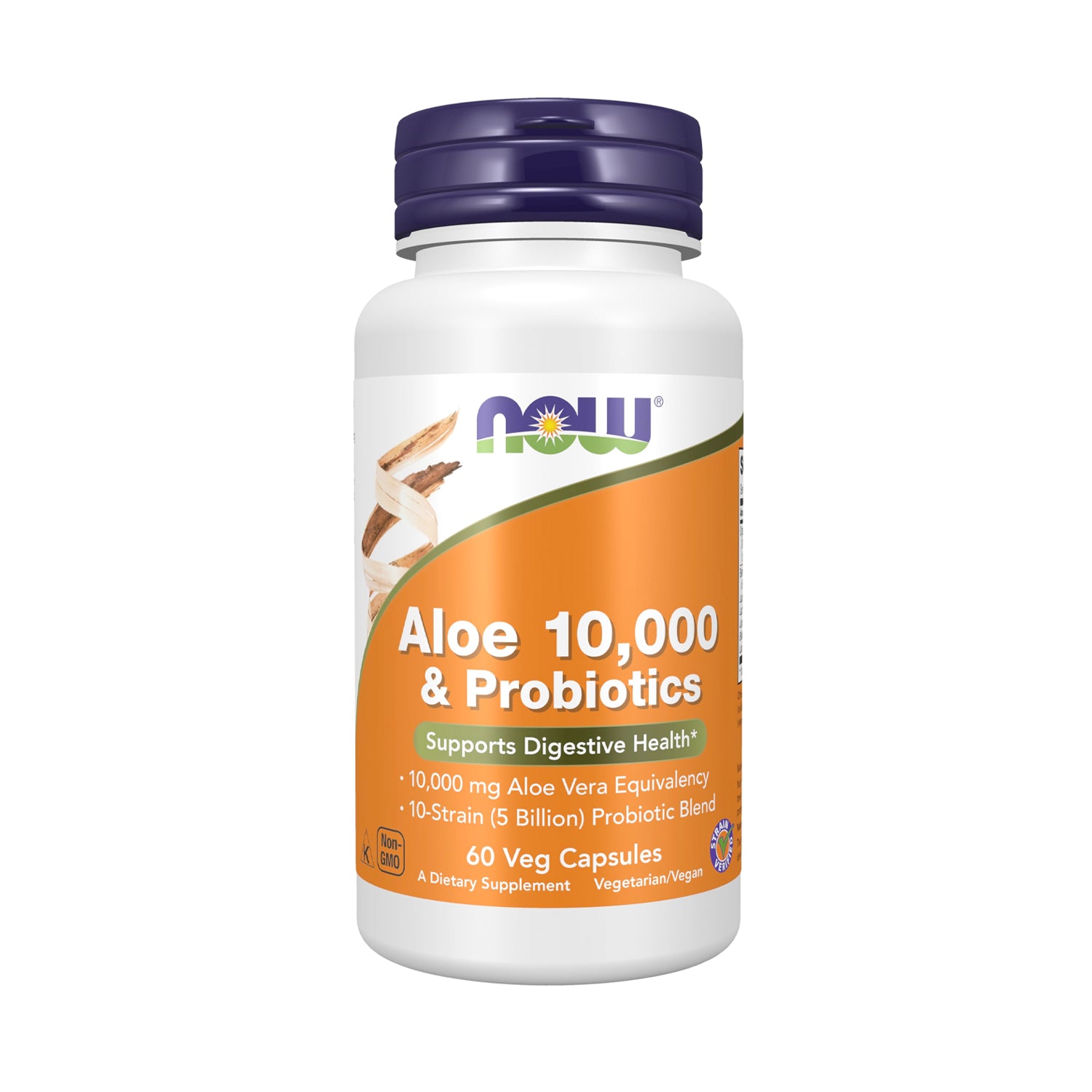 Aloe 10,000 & Probiotics-tillskottsflaska med NOW Foods-etikett