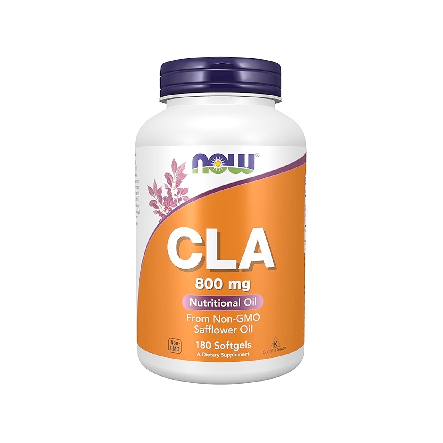 Kosttillskottflaska med CLA 800 mg, vit flaska och lila lock
