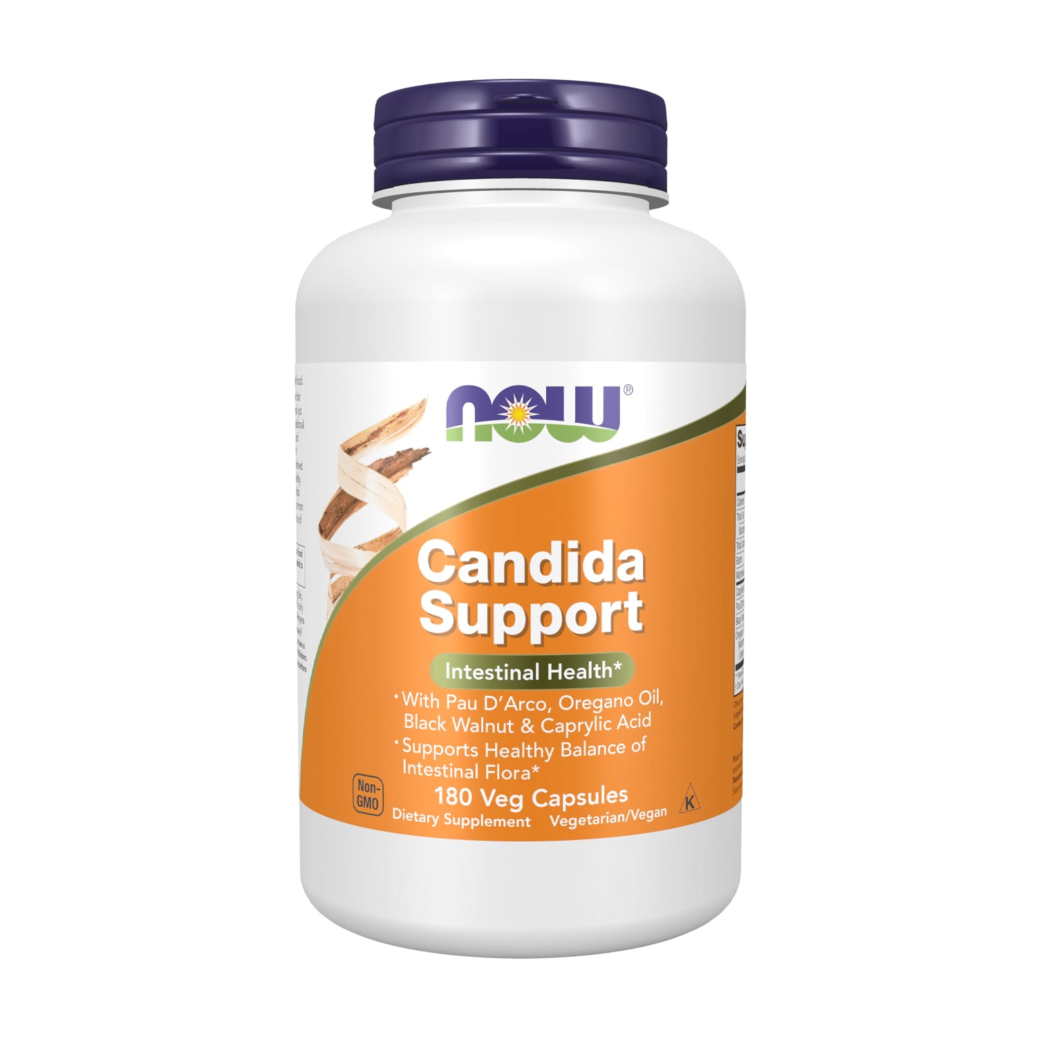 NOW Foods Candida Support-kapslar i vit burk med lila lock och orange etikett