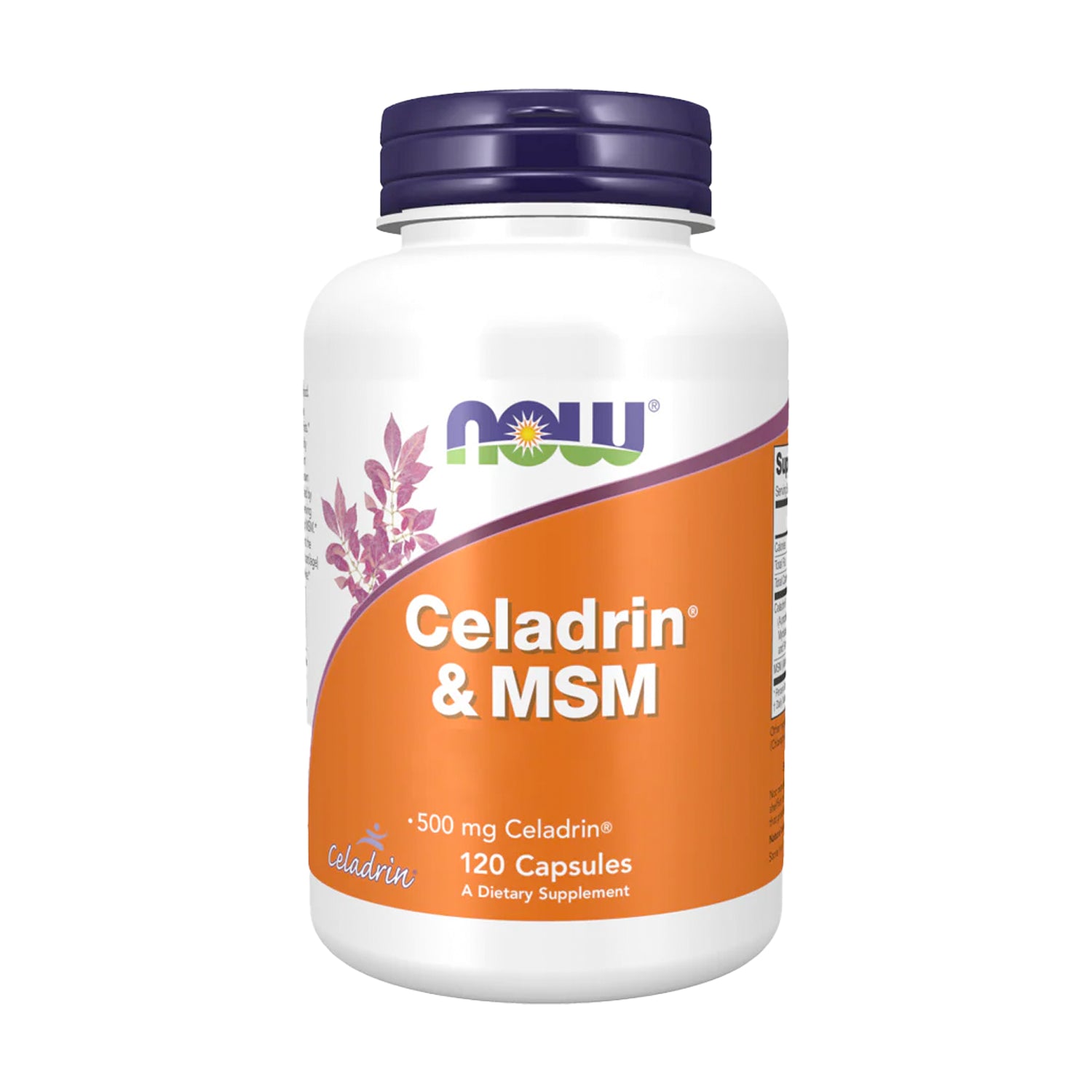 NOW Celadrin & MSM 500 mg kosttillskott i vit burk med etikett och 120 kapslar