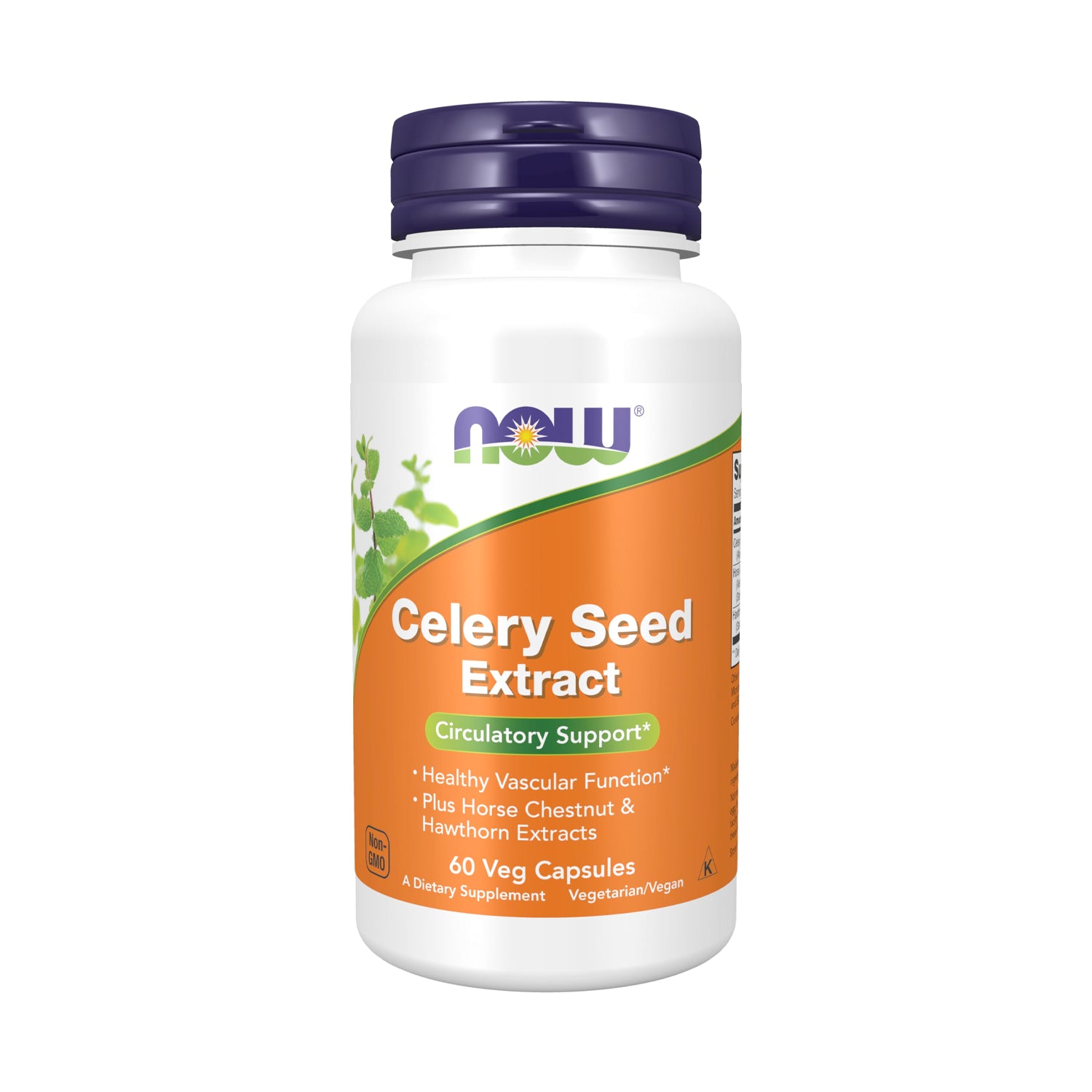 NOW Foods extrakt av sellerifrö i vit flaska med lila lock, 60 kapslar