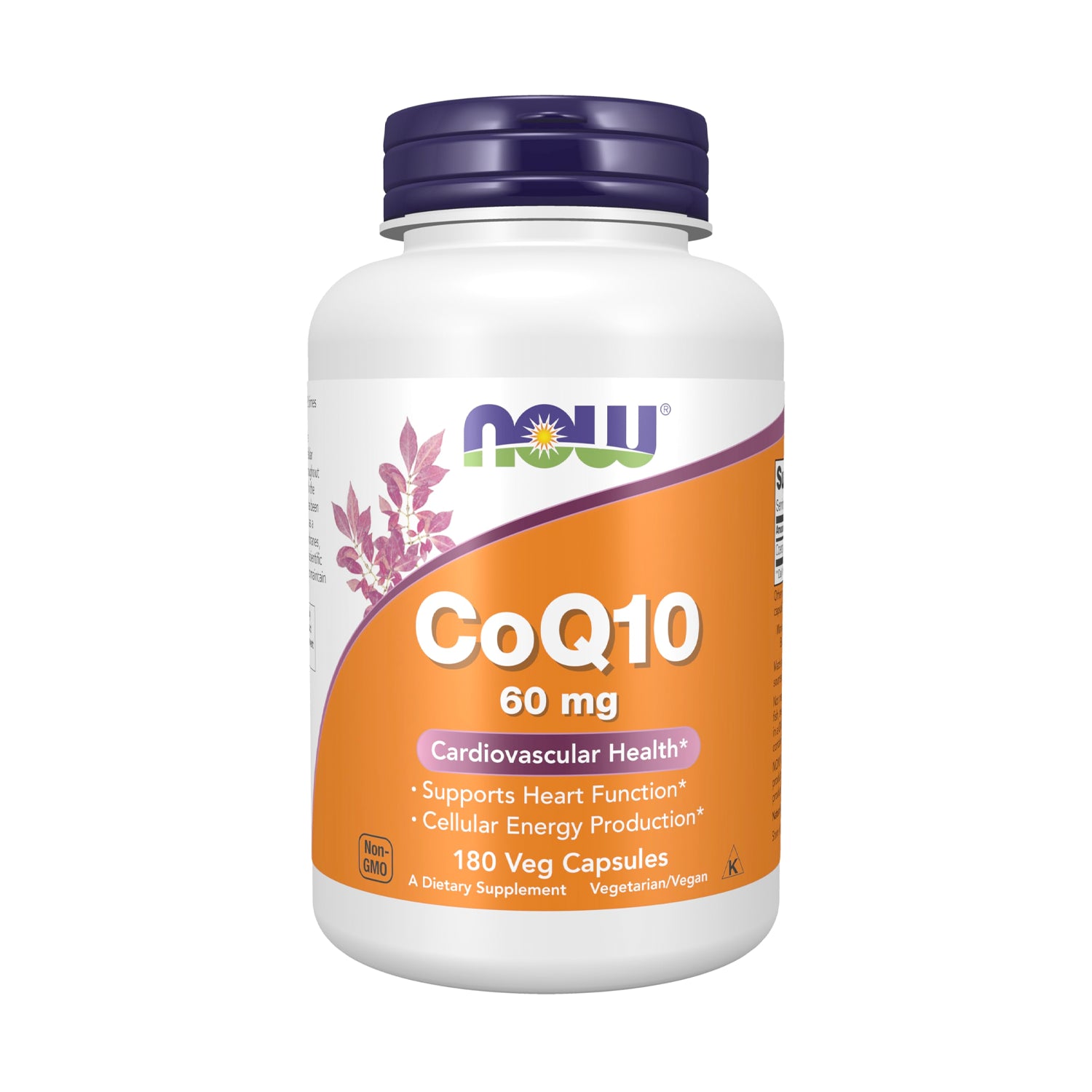 NOW Foods CoQ10 kapselburk med orange och lila etikett, 60 mg, 180 kapslar