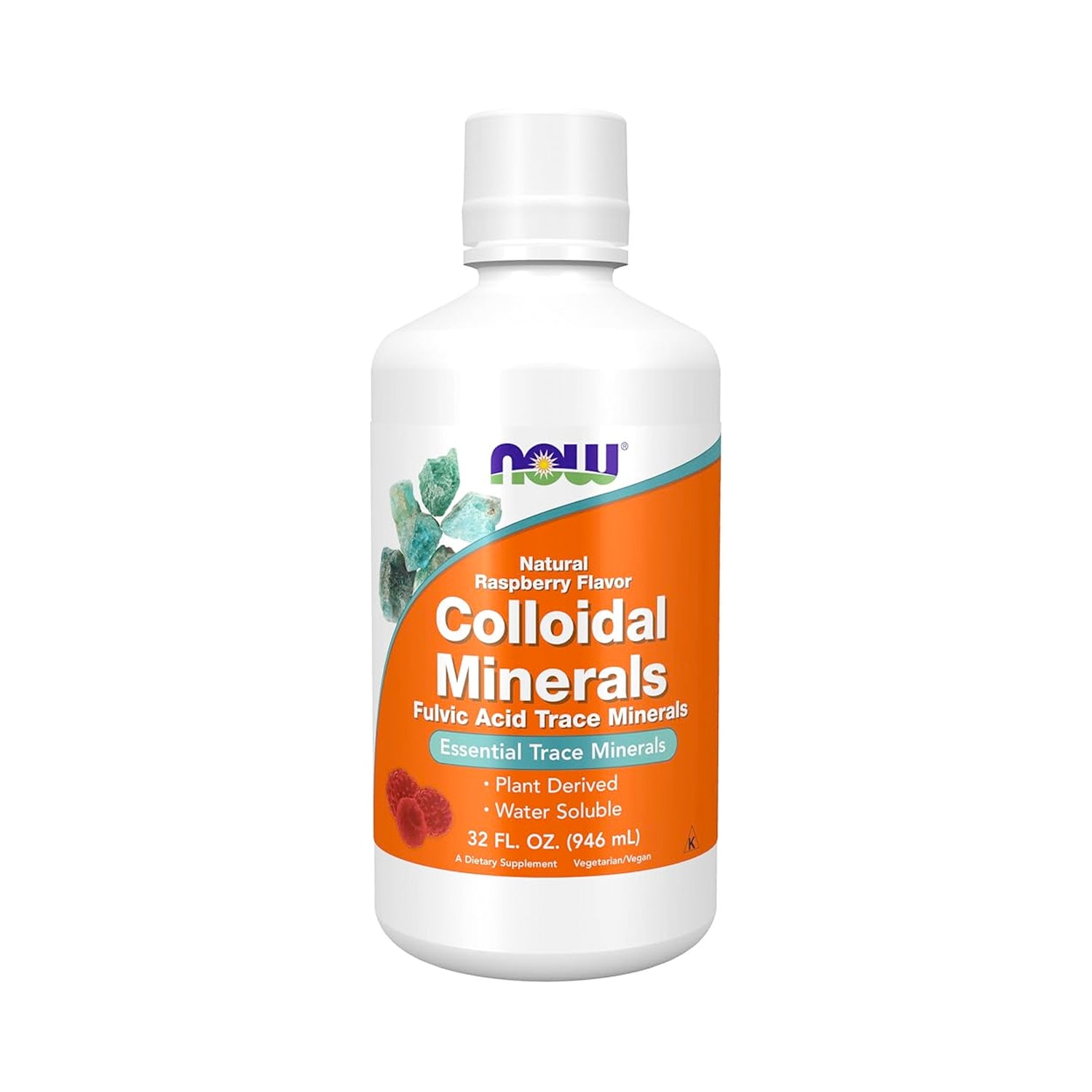 Flaska med NOW Foods kolloidala mineraler, hallonsmak, 946 ml