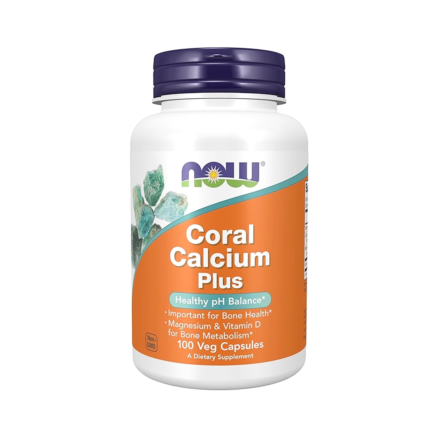 Kosttillskottsburk med vita kapslar, lila lock och Coral Calcium Plus-etikett