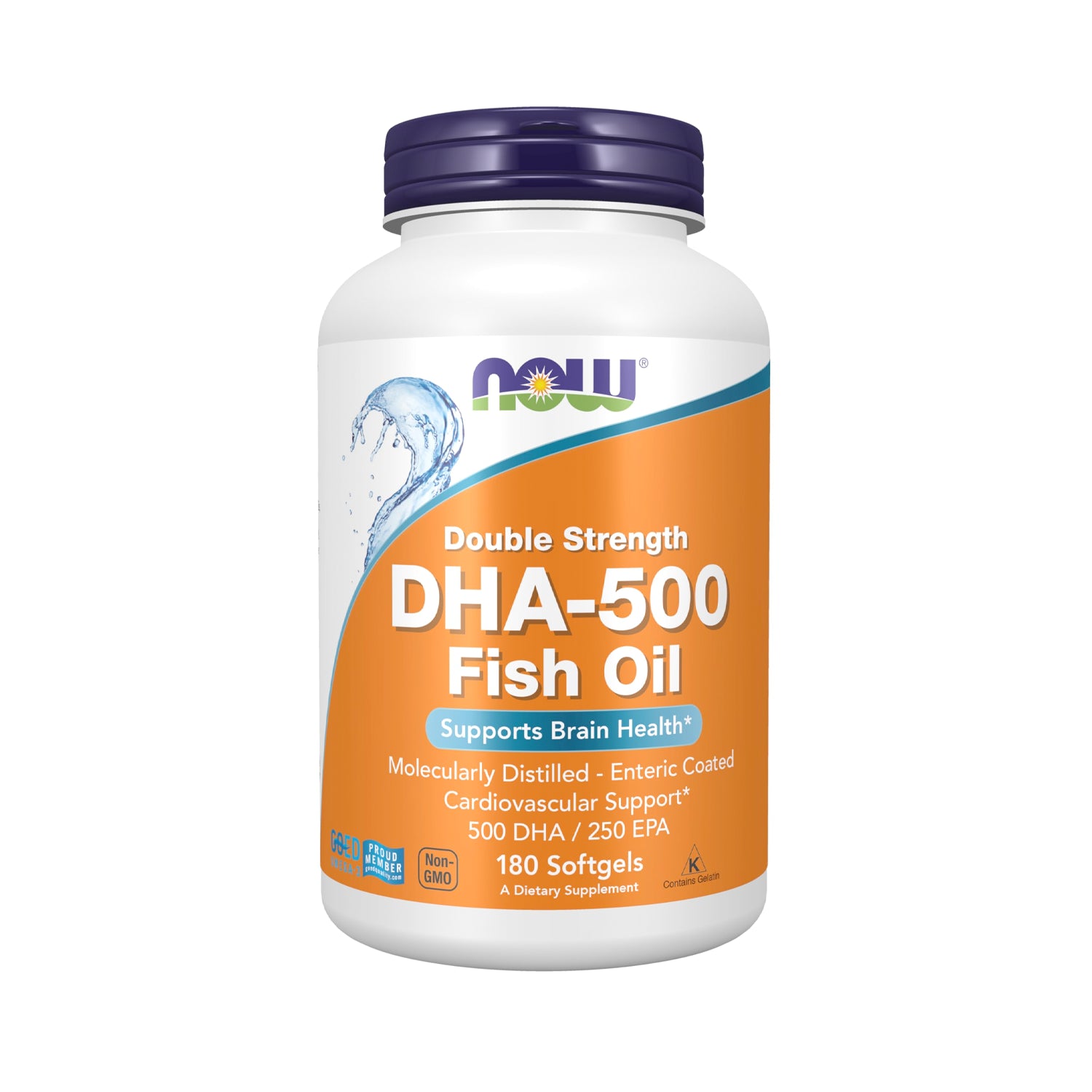 NOW Foods DHA-500 fiskolja kosttillskott, flaska med etikett