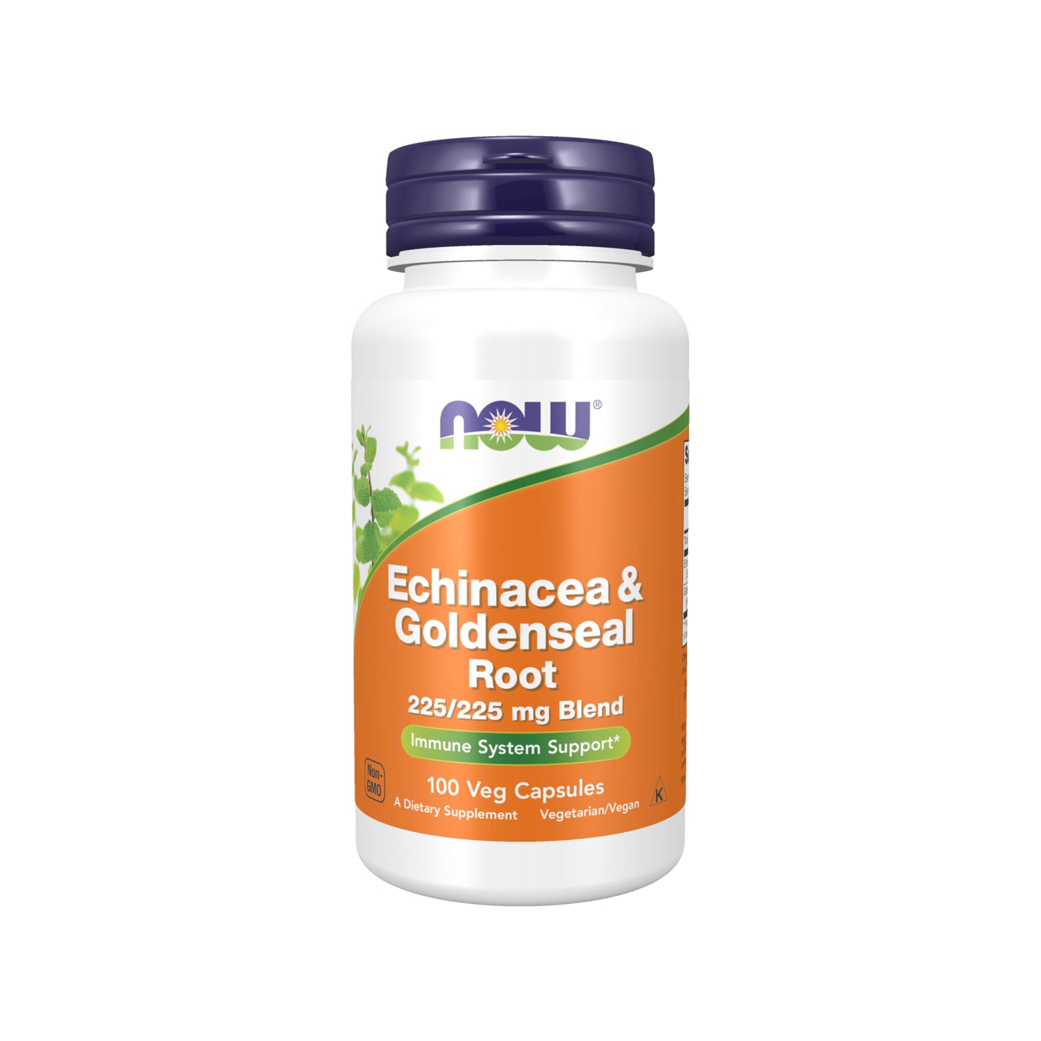 NOW Foods kapseltillskott i vit flaska med lila lock, Echinacea & Goldenseal Root