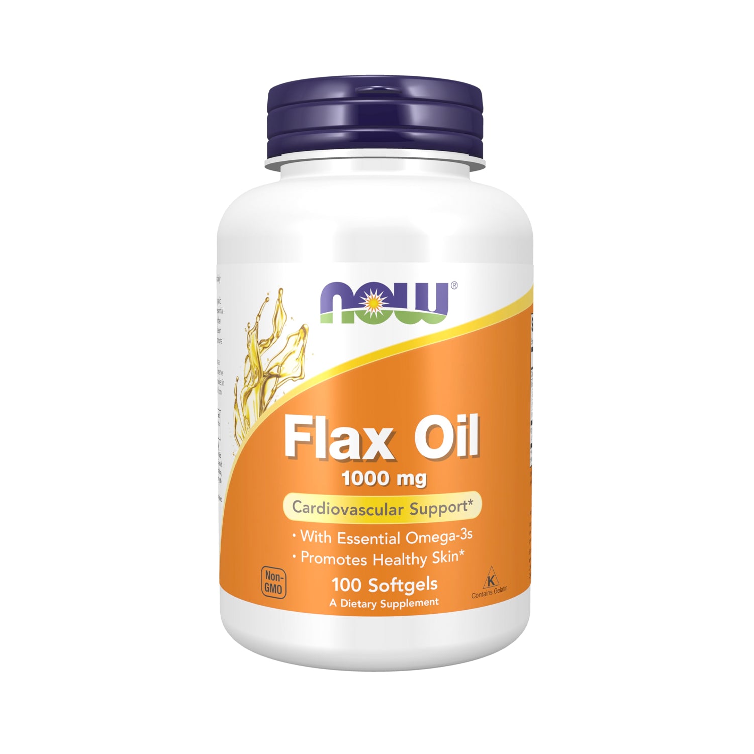 NOW Foods flaxoljekapslar 1000 mg i vit flaska med mörklila lock