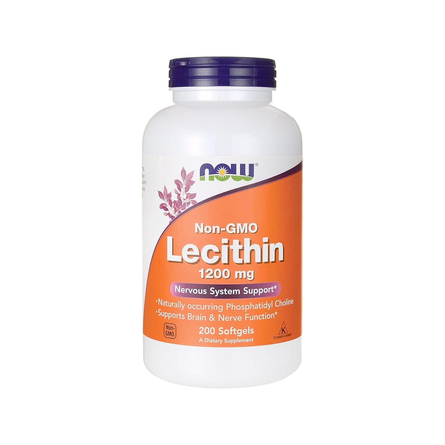 NOW Foods Lecithin 1200 mg kosttillskott i vit plastflaska med lila lock