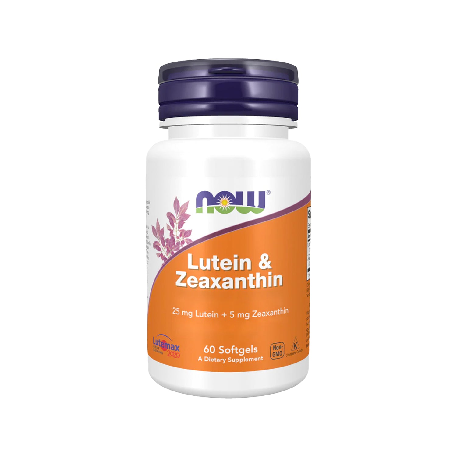 NOW Foods lutein & zeaxanthin 60 kapslar, vit flaska med lila lock