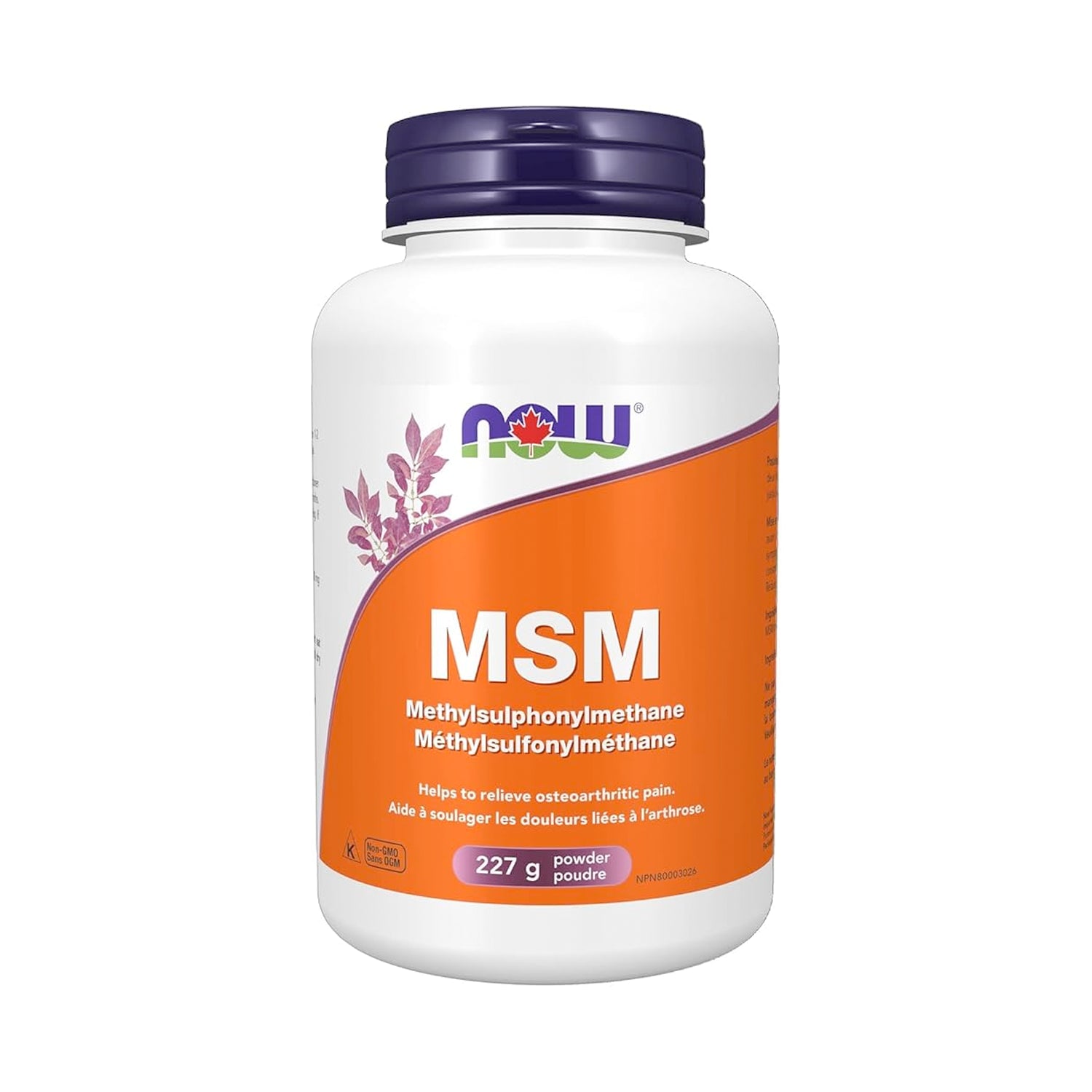 NOW Foods MSM-pulver i vit flaska med lila skruvkork, 227 g