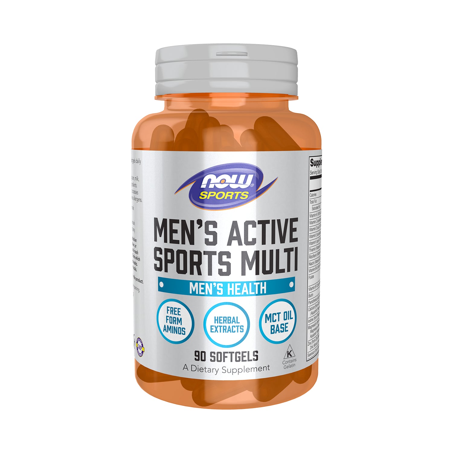 Orange kapselburk med etikett "Men's Active Sports Multi".