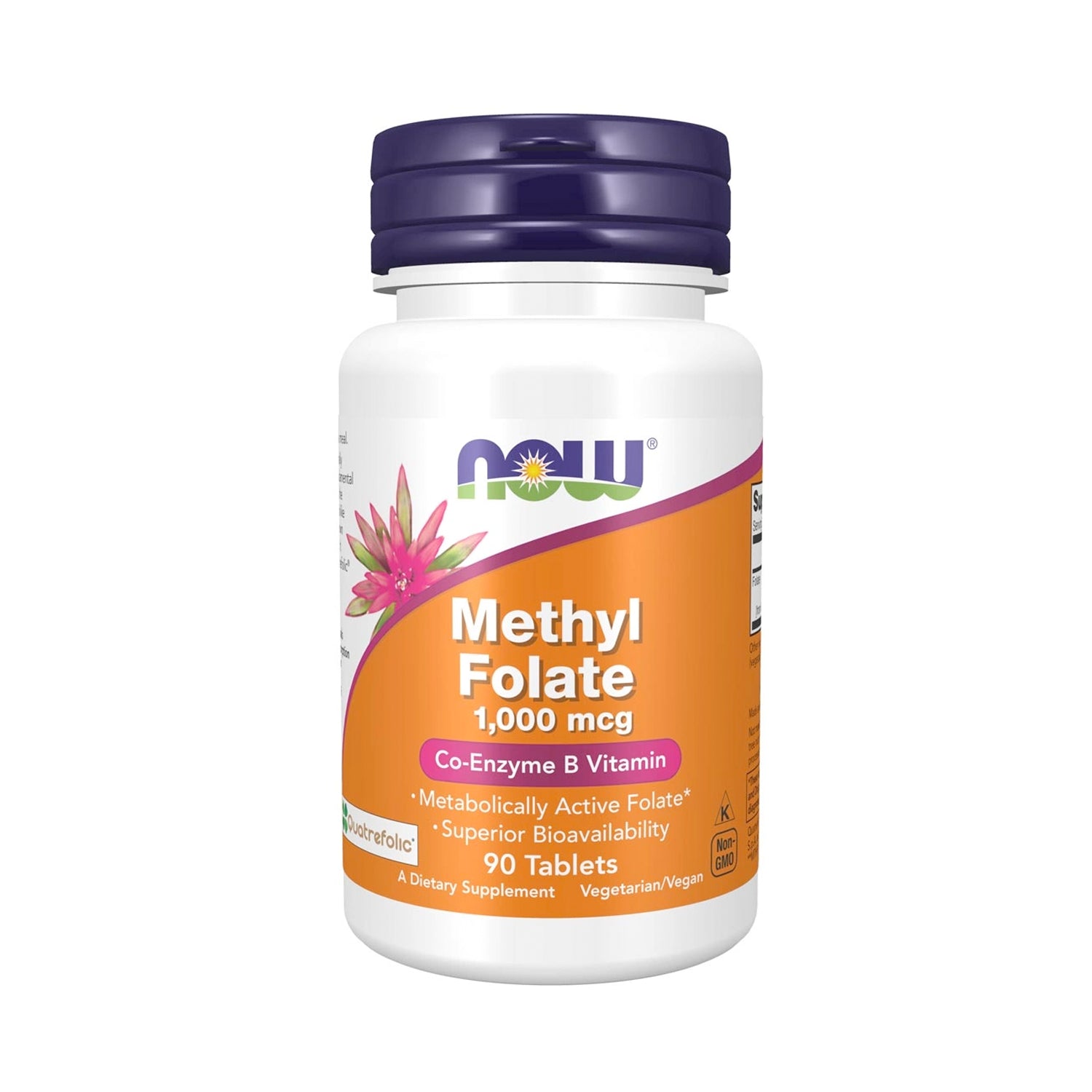 NOW metylfolat 1000 mcg kosttillskott i tablettflaska, 90 tabletter