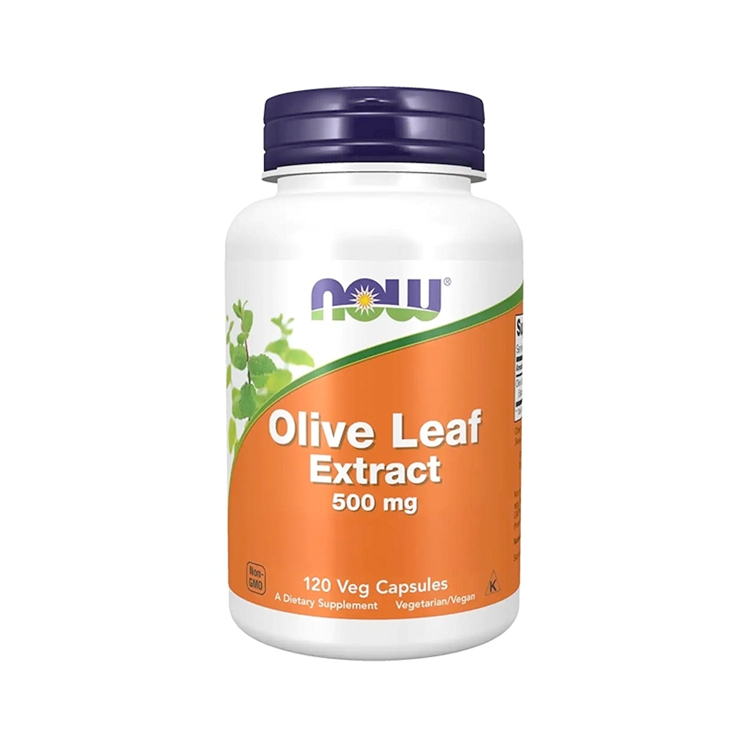 NOW Foods olivbladsextrakt 500 mg i vit burk med lila lock, 120 kapslar