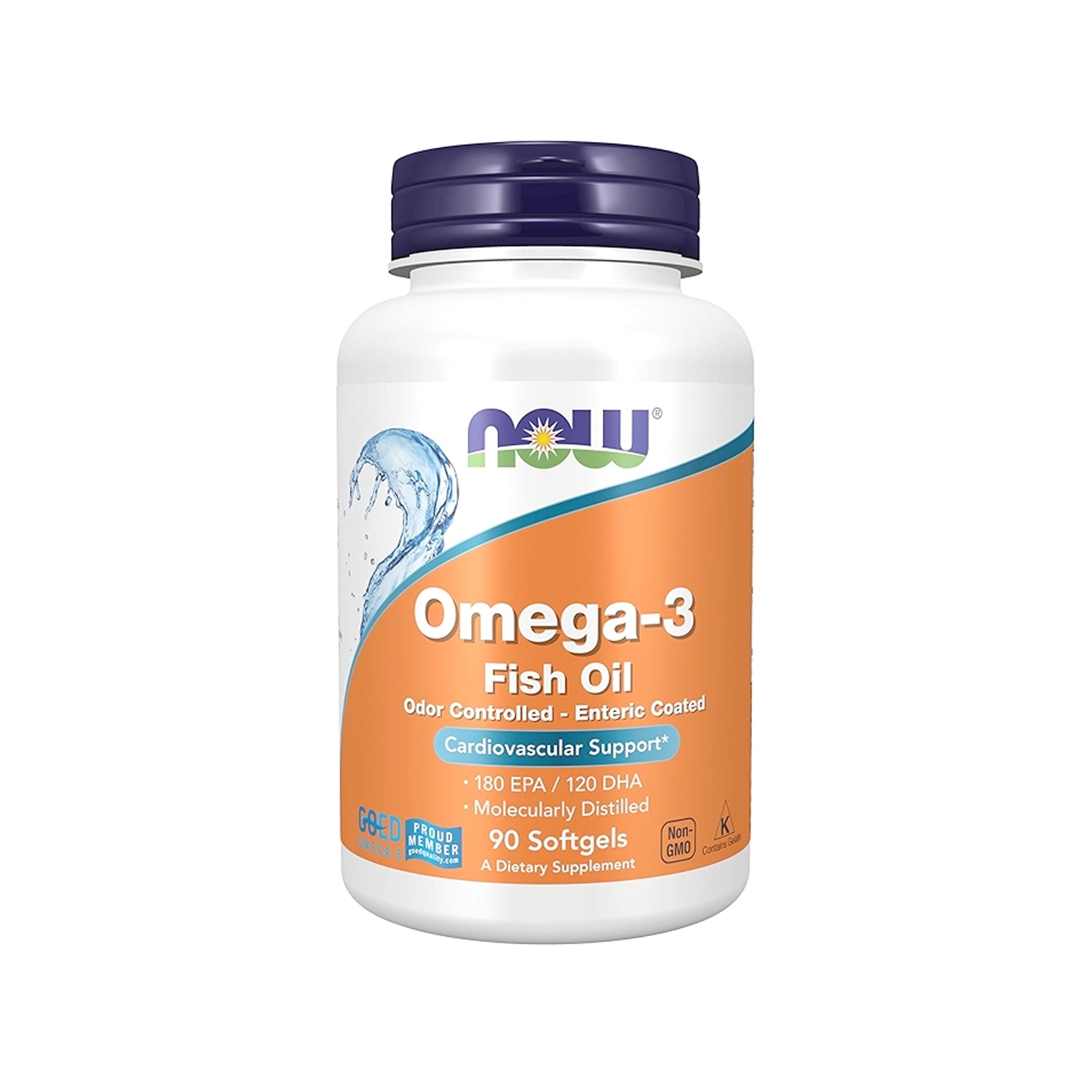 NOW Foods Omega-3 tillskott i plastburk med blått och orange etikett, 90 kapslar