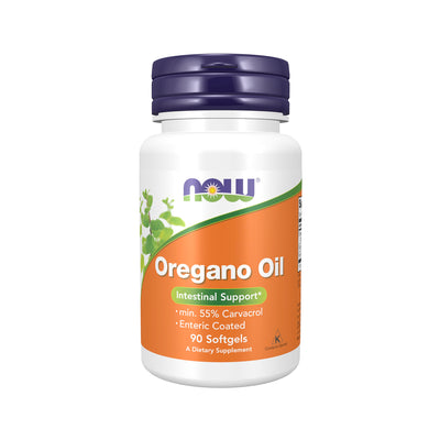 Oreganoolja kapslar i vit flaska med lila lock, etikett med Oregano Oil och 90.