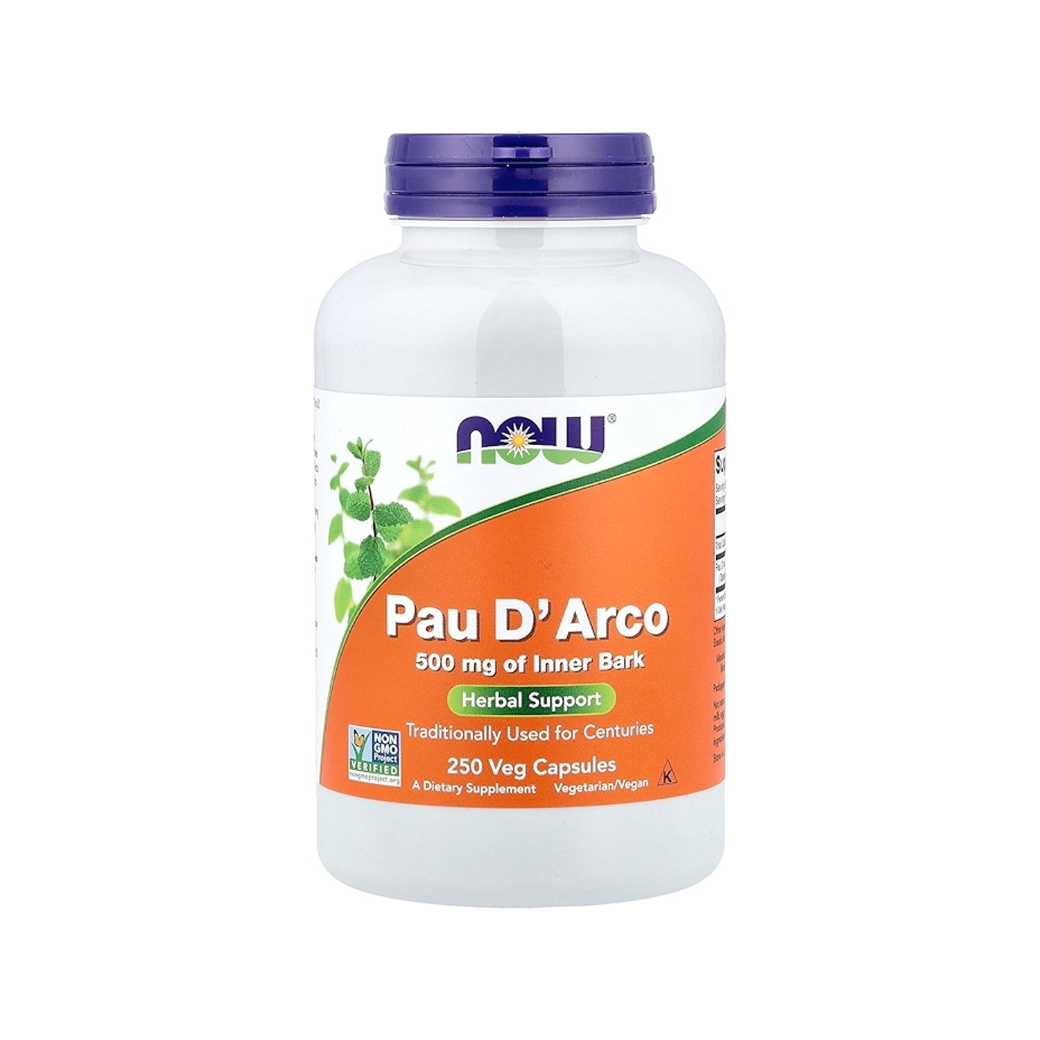 Pau D'Arco 500 mg kapselburk, vit flaska med blå skruvlock och etikett
