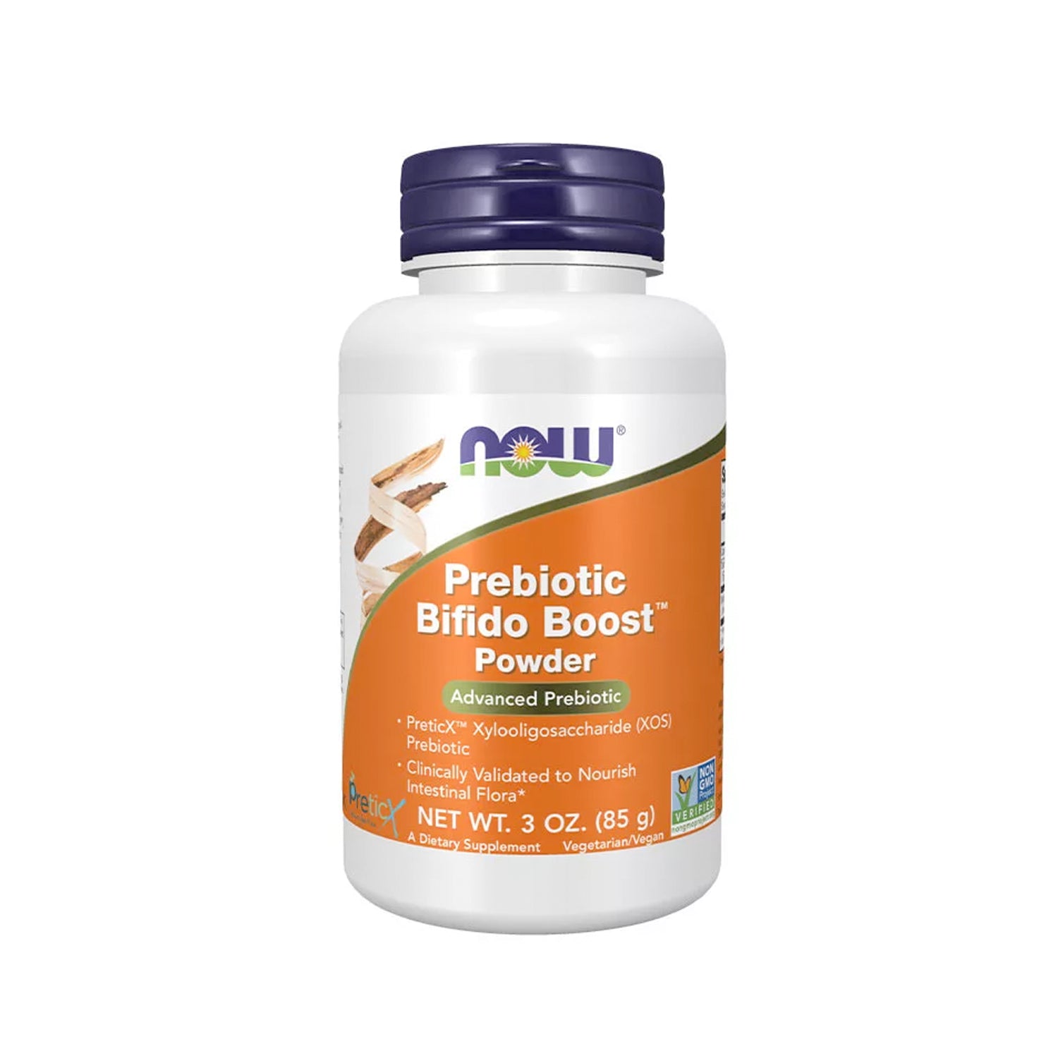 NOW Foods prebiotiskt bifido-boostpulver i vit burk med etikett