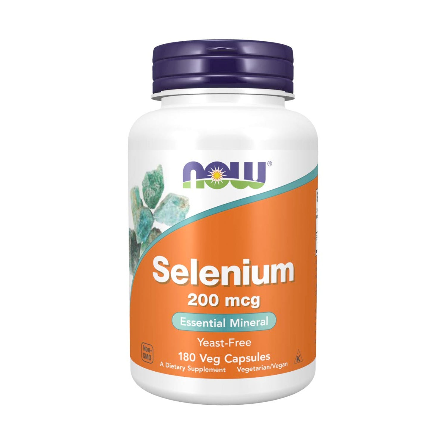 NOW Foods selentillskott i vit flaska med orange etikett, 200 mcg