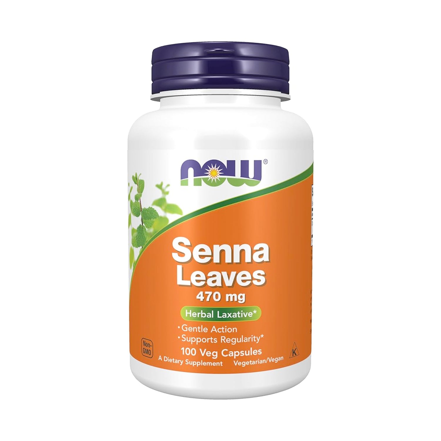 NOW Foods senna bladkapslar i vit flaska med lila lock och orange etikett.
