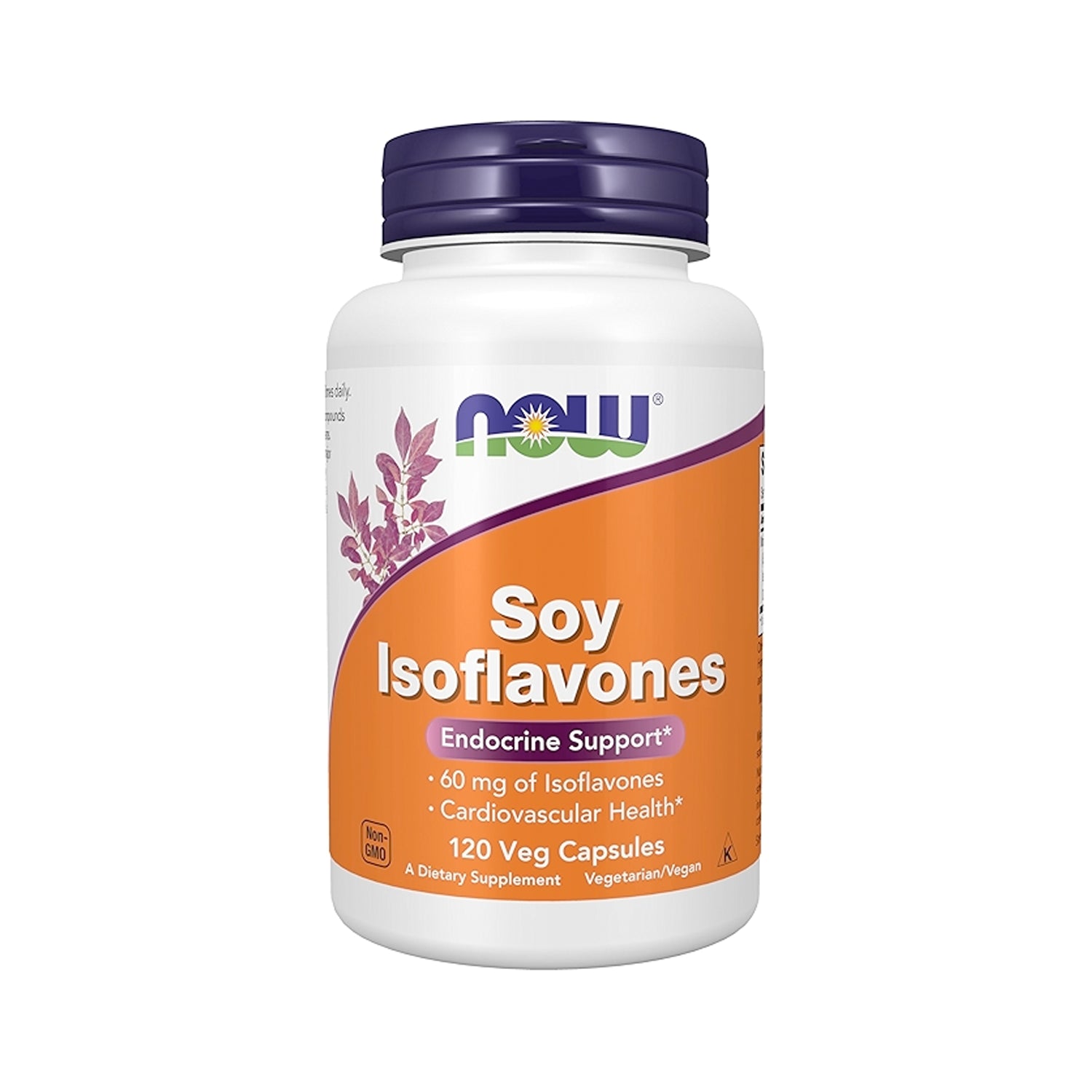 NOW Foods sojaisoflavoner-flaska med lila lock, etikett och 120 kapslar
