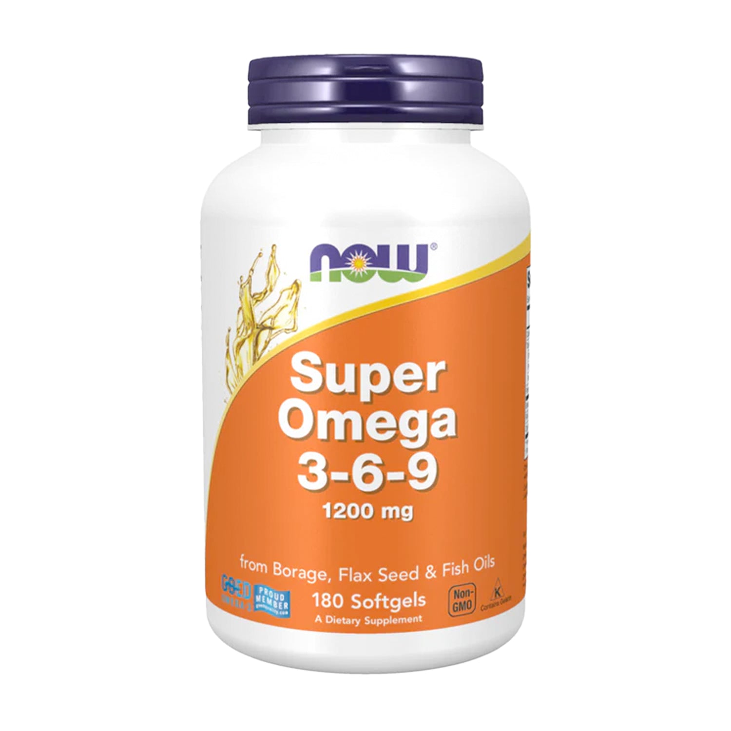 NOW Foods Super Omega 3-6-9 kapslar, vit flaska med orange etikett och mörk lock.