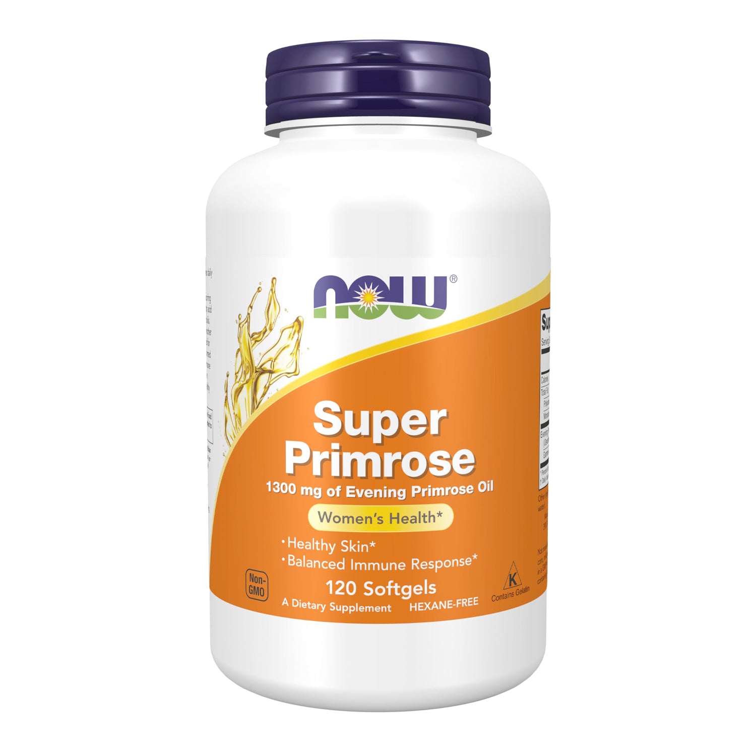 NOW Foods superprimros i flaska med lila lock, 120 softgels