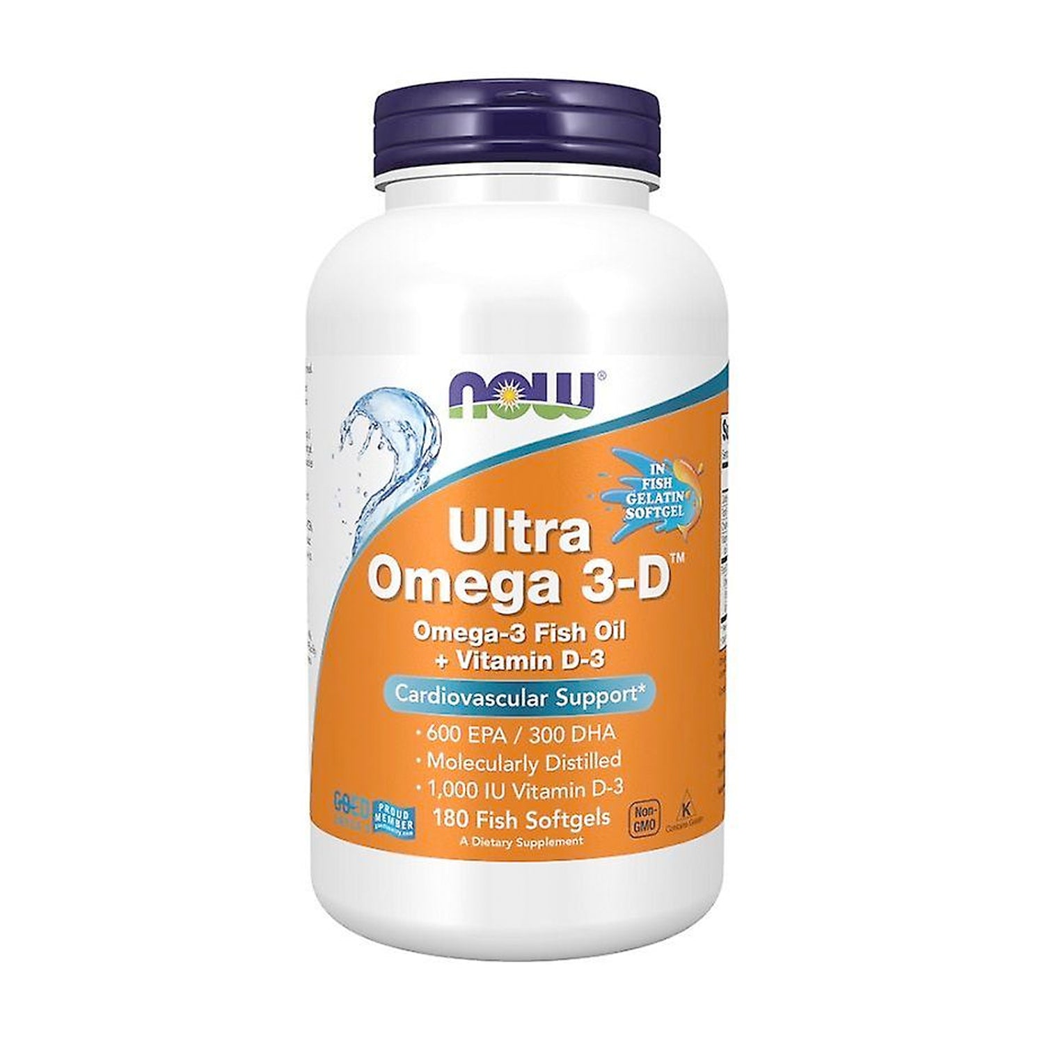NOW Foods Omega 3-D kosttillskott i plastflaska med kapslar, 180 st