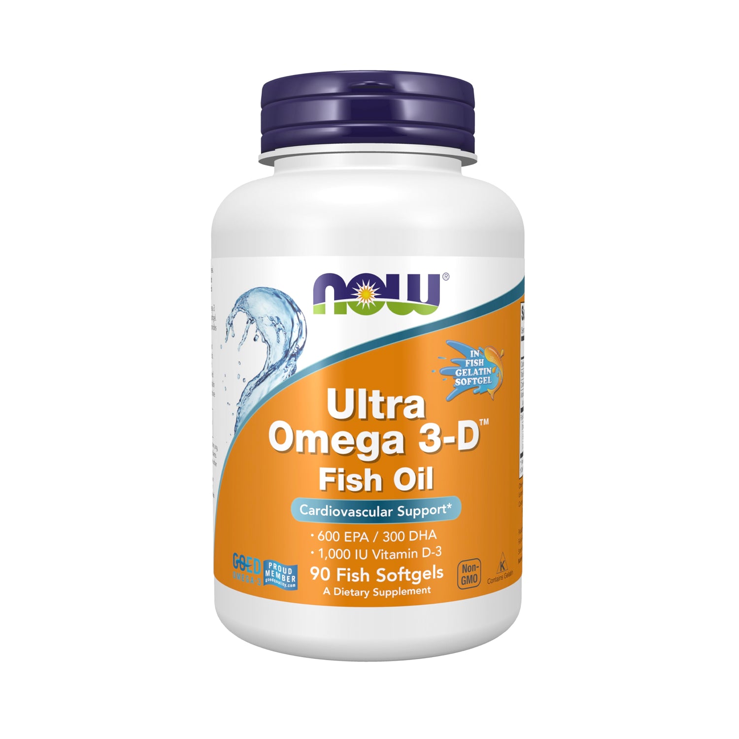 Omega 3-D kapslar i flaska med etikett för fiskolja och vitamin D-3