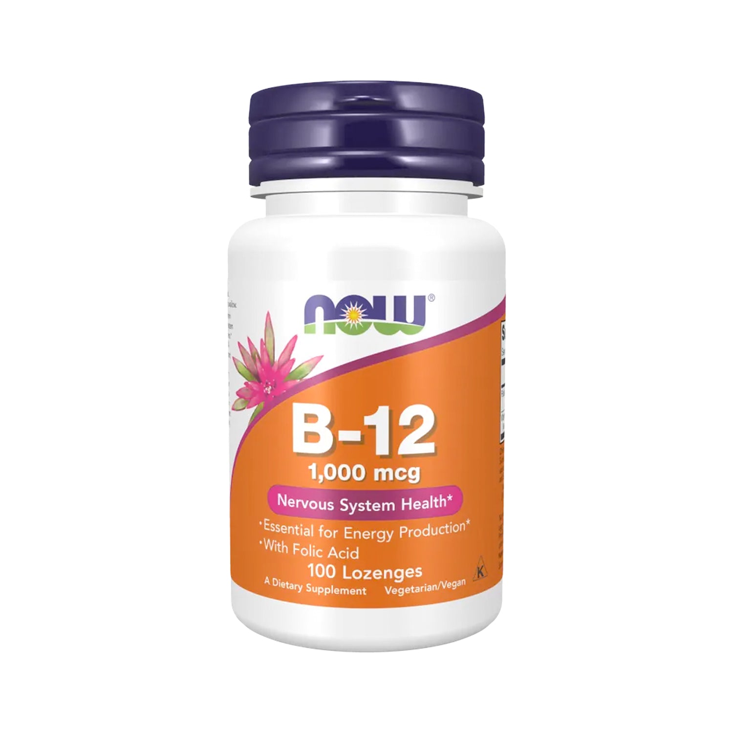 Vitamin B-12 kosttillskott, vit flaska med orange etikett och blått lock