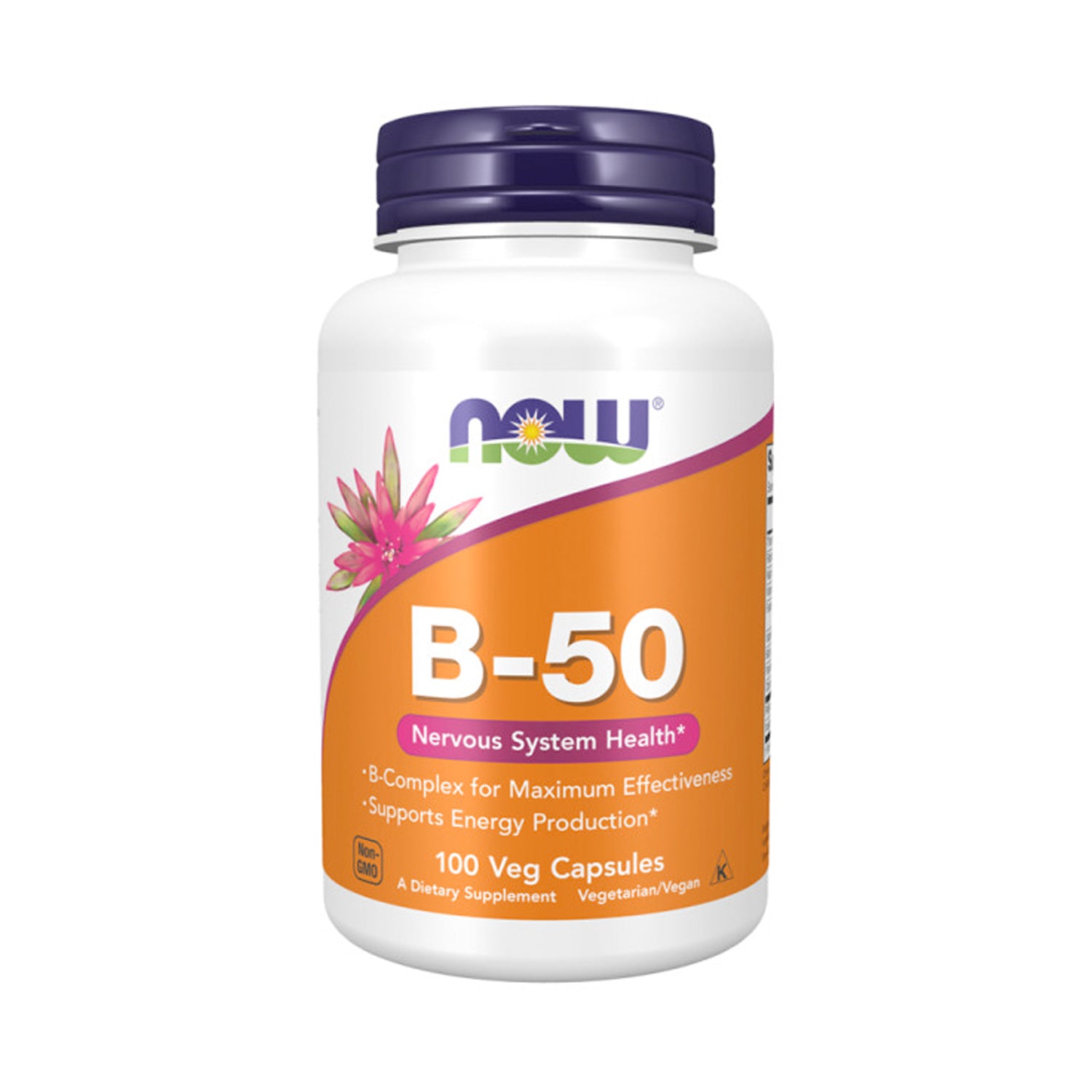 NOW Foods Vitamin B-50, kapslar, plastburk med lila lock och B-50-etikett