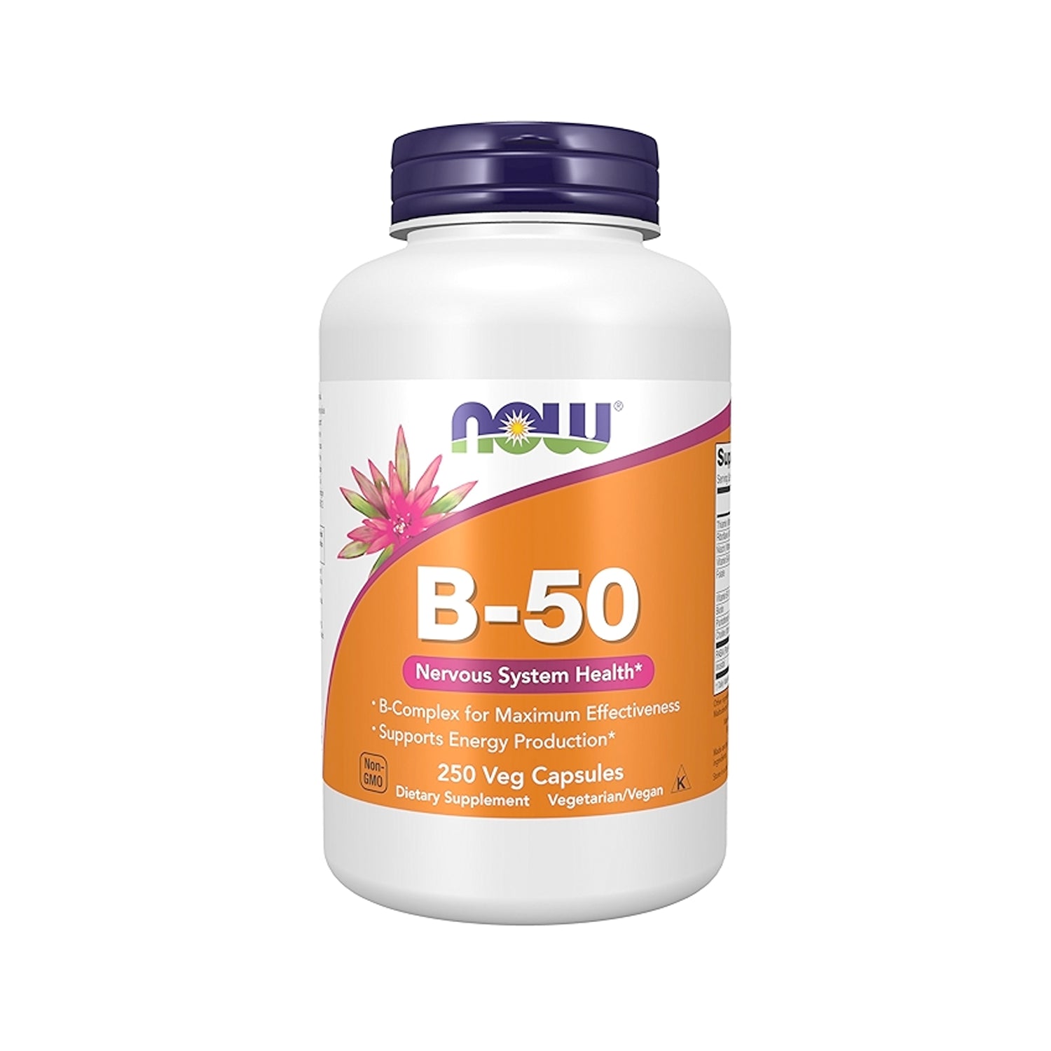 NOW Foods B-50 vitamintillskott i vit flaska med blå skruvkork, 250 kapslar