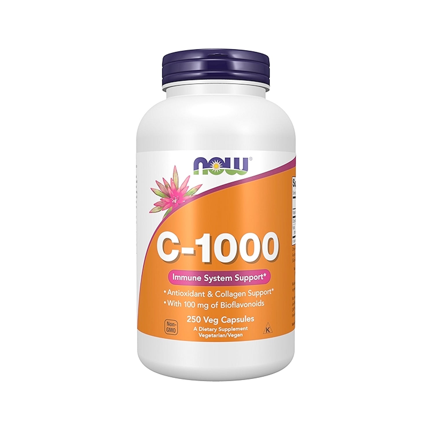 NOW Foods vitamin C-1000 kosttillskott, flaska med orange etikett, 250 kapslar