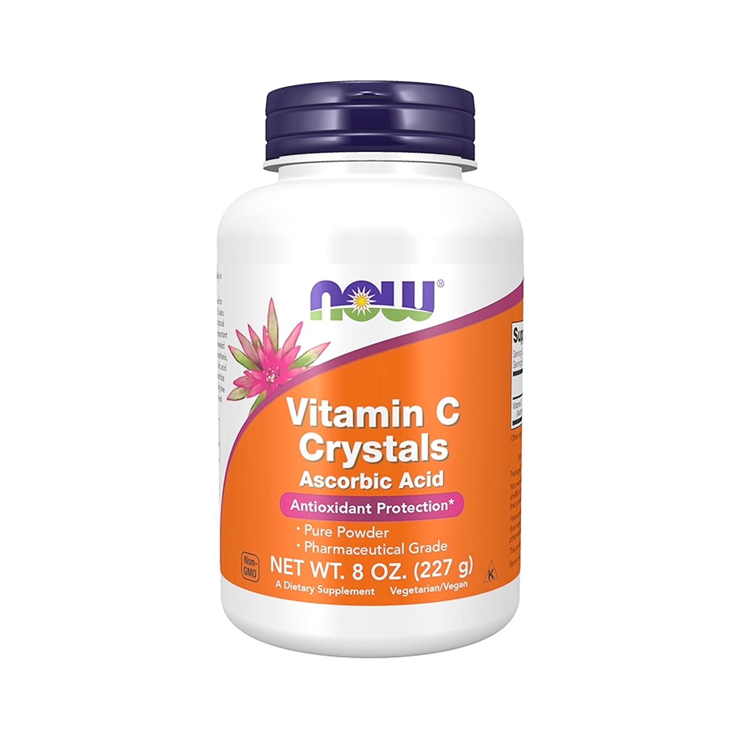 Kosttillskott i plastburk med NOW Foods Vitamin C Crystals och lila lock, 227 g