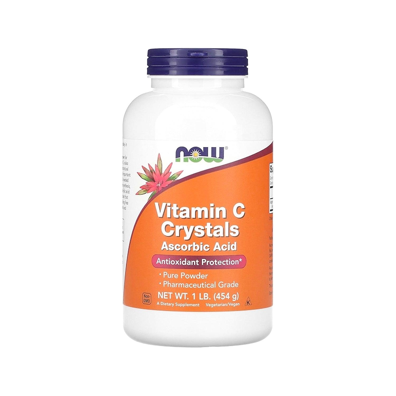 NOW Foods Vitamin C-kristaller i vit plastburk med blå lock och etikett