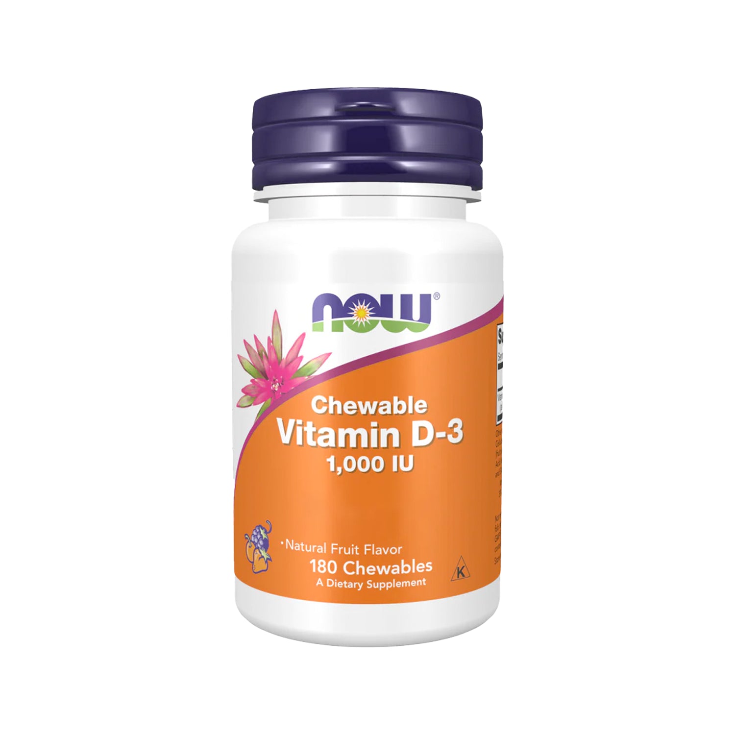 NOW Foods tuggtabletter Vitamin D-3 i vit burk med lila lock, 1000 IE