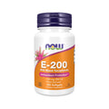 NOW Foods vitamin E-200 kapselflaska med lila lock och orange etikett