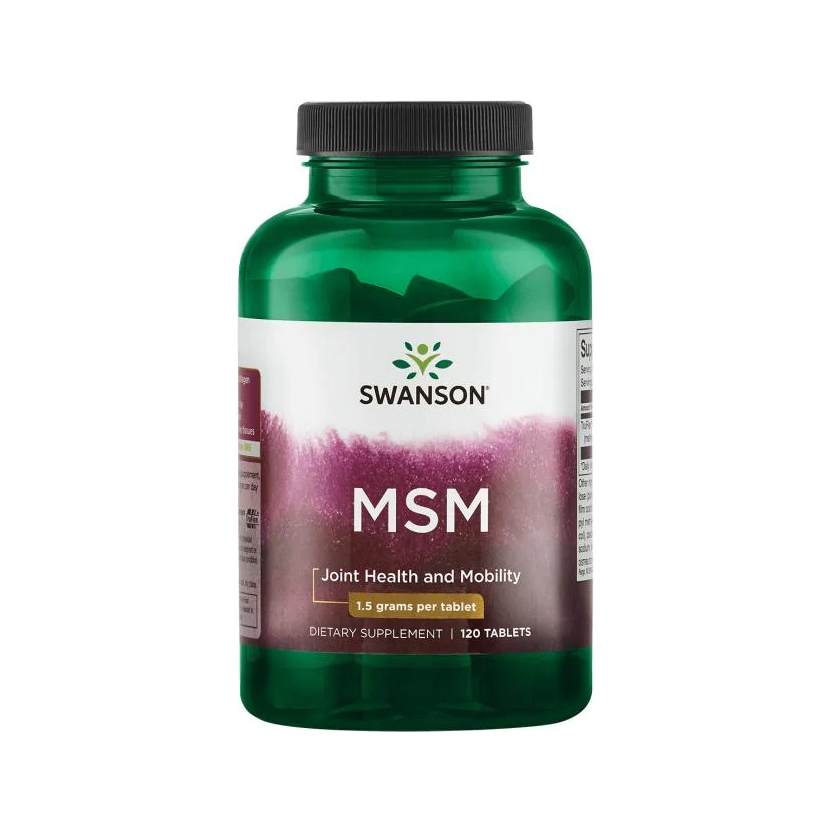 Kosttillskottflaska SWANSON MSM 1500 mg, grönt glas och etikett med 120 tabletter