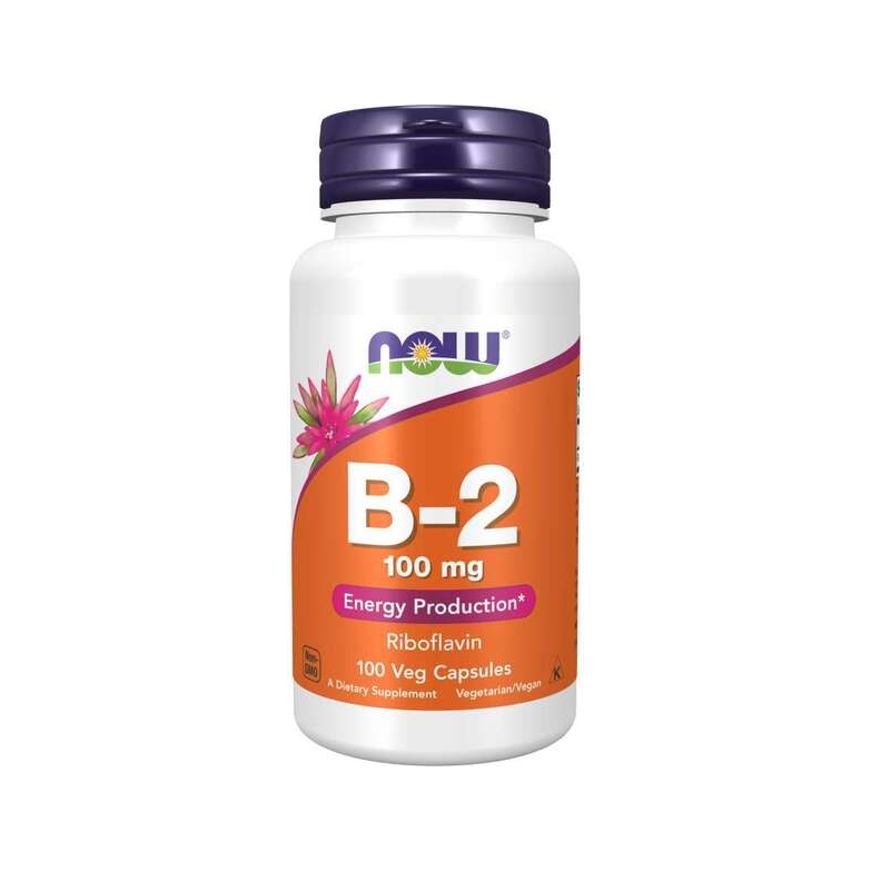 NOW Foods B-2 vitamin kapslar i vit och orange flaska