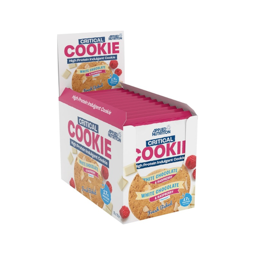Förpackning med proteincookies med vit choklad och hallon, 12-pack