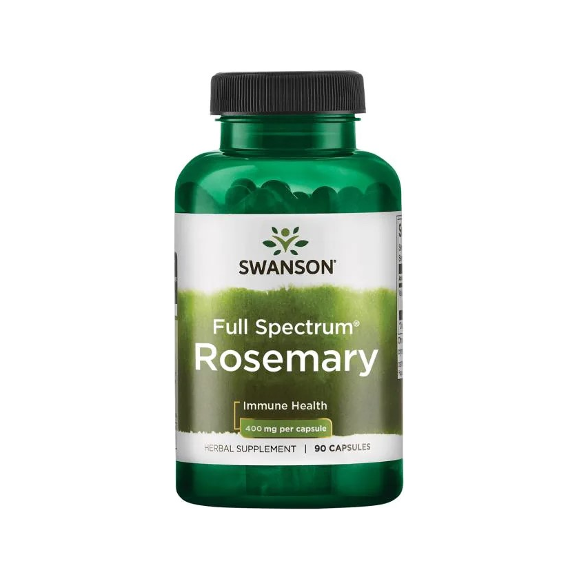 Swanson rosmarin 400 mg kosttillskott i kapslar, flaska med grön etikett