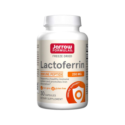 Jarrow Formulas Lactoferrin 250 mg kapslar i vit burk med röd etikett