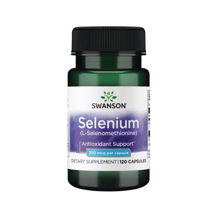 Swanson Selenium 200 mcg kapslar, plastburk med etikett.