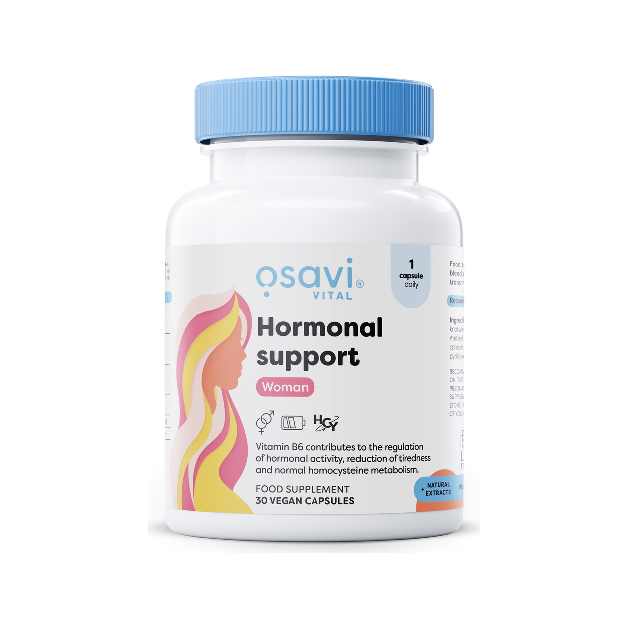 Osavi Hormonal support Woman kapslar i vit burk med blått lock