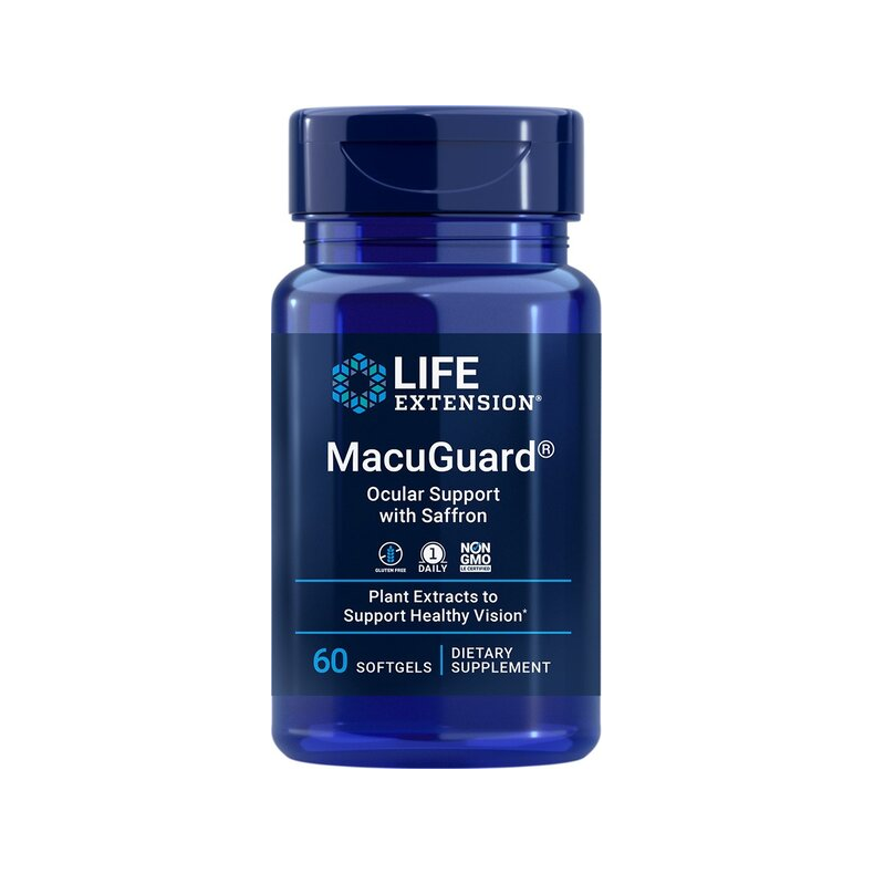 Blå MacuGuard kapselburk från Life Extension, lock och etikett, 60 softgels