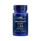Blå MacuGuard kapselburk från Life Extension, lock och etikett, 60 softgels