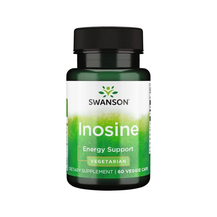 Swanson Inosine inosinentillskott i kapslar med grön-vit etikett och svart lock
