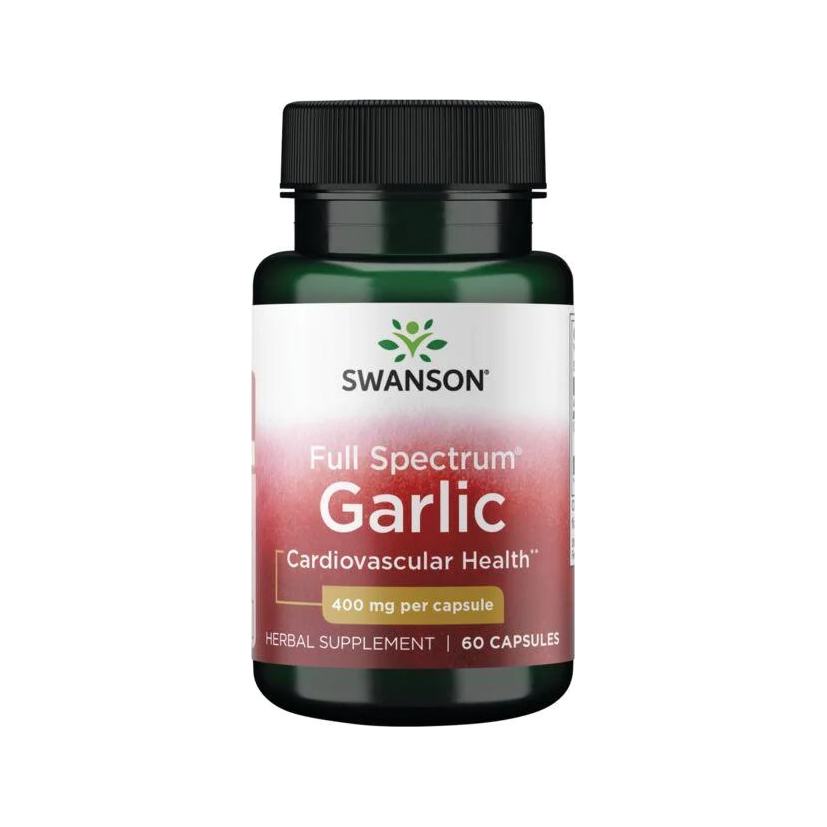 Swanson Full Spectrum vitlökstillskott, 400 mg kapslar, 60 st, grön flaska.