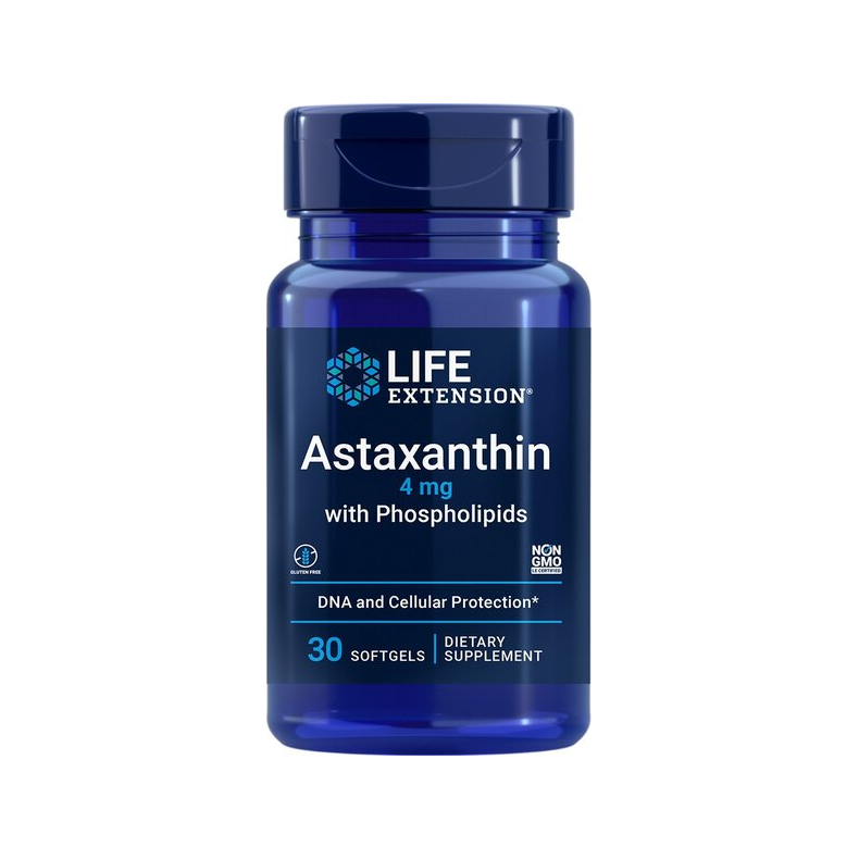 Life Extension Astaxanthin 4 mg kosttillskott, 30 softgels i blå flaska